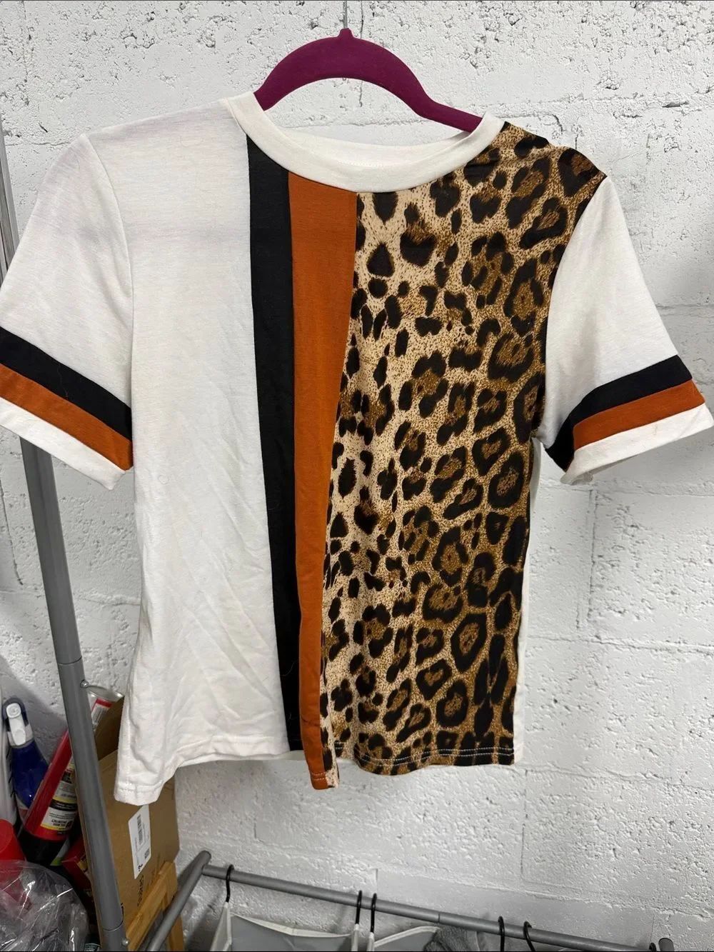 White Tee with Leopard Print and Rust & Black Stripes - NEW - Size Small